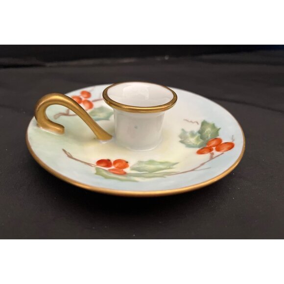 Vintage Candle Stick Holder Porcelain Hand Painted Gold Gilded Holly Berries - Picture 1 of 4